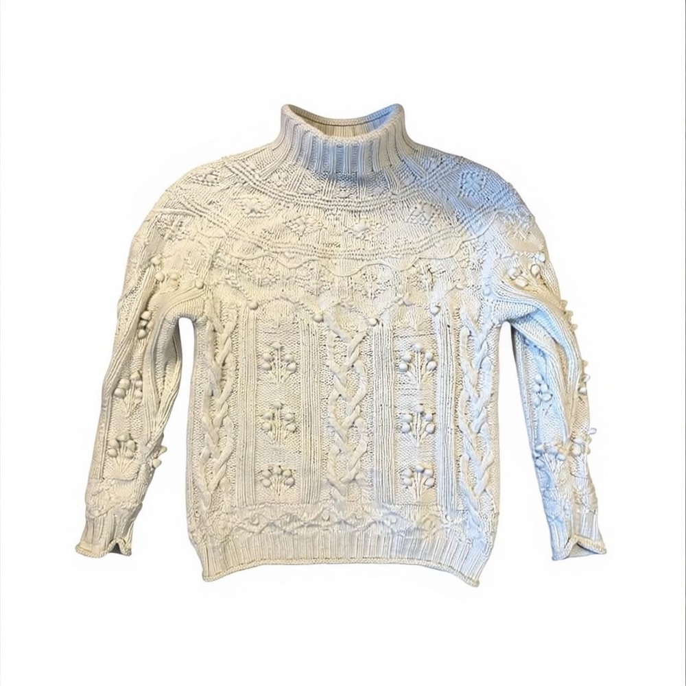 Vintage Cream Chunky Cable Knit Grandma Sweater Size M Cottagecore ScandiWinter